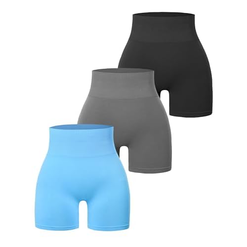 JOLLMONO 1-3 Pack Workout Shorts Women Scrunch Butt Lifting Biker Shorts Seamless Gym Workout Yoga Shorts Small 3-pack Black / Grey / Skyblue
