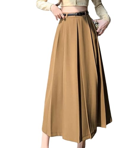 Women's Casual Pleated Long Skirt Pockets High Waist A-Line Skirts Khaki