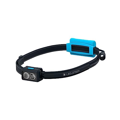 Ledlenser NEO3 Lauf-Stirnlampe, LED-Batteriebetrieb, leicht, bis zu 20 Stunden Leuchtdauer, rotes Rücklicht, IP54, reflektierendes Stirnband, neigbarer Lampenkopf, zum Joggen Campen Wandern, Blau