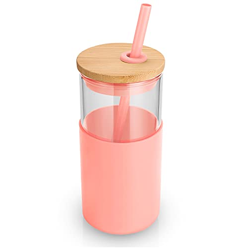 Tronco 28 oz Glass Tumbler with Lids and Straw, Reusable Iced Coffee Cup & Smoothie Cup with Bamboo Lid, Silicone Sleeve, Dishwasher Safe, BPA-Free Borosilicate Glass, 1 Pack