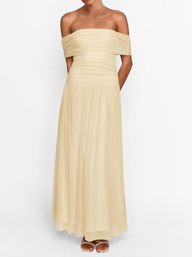 Image of MASCOMODA Women Off The Shoulder Mesh Maxi Dress Bodycon Ruched Formal Sleeveless Pleated Cocktail Wedding Guest Long Dresses