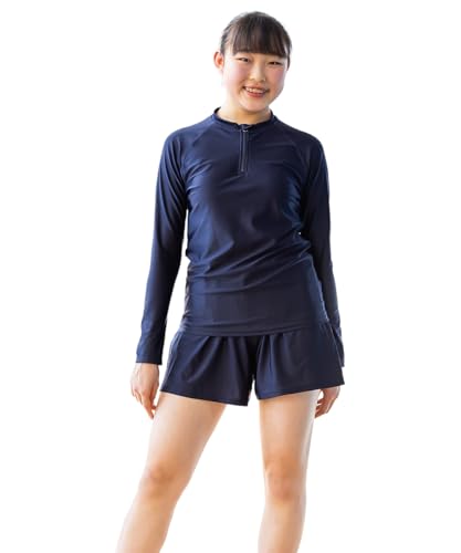 [リンネ] キッズ スクール水着 長袖 上下セット 女の子 学校用 ネイビーBタイプ 130の商品画像（Amazon）