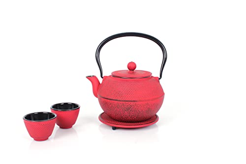 Echtwerk Juego de té de hierro colado 1,1 l con colador extraíble, tetera con posavasos y 2 tazas de té, tetera vintage para preparar té a granel Rojo