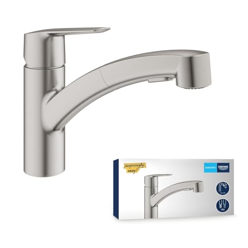 GROHE Start Küchenarmatur 2 Strahlarten (Wasserhahn Küche mit ausziehbarer Brause 90 schwenkbar wassersparend dank variabler Mengenbegrenzung werkzeugfreie Spülbecken-Montage) edelstahl 30531DC1