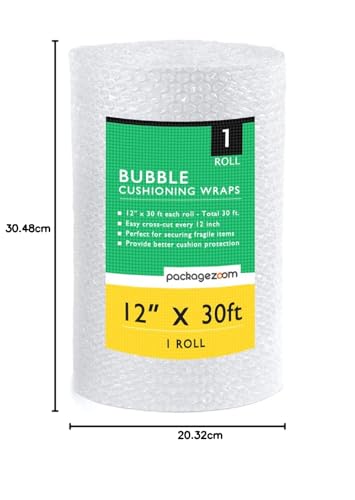 PackageZoom 1 Pack 12 inch x 30 ft. Bubble Cushioning Wrap Shipping Packing Moving Supplies Perforated Every 12” Bubble Cushioning Wrap for Packing and Moving Boxes Bubble Packing Wrap for Moving