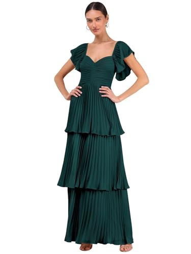 Tiered Pleated Chiffon Bridesmaid Dresses for Women Long A Line Formal Wedding Guest Dress with Sleeves