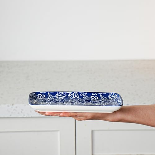Ceramic Rectangle Salad Plates Set - 8.1" x 4.5" Rectangular Serving Platter - Serving Trays for Sushi Dinner Dessert Pasta Appetizer - Oven Microwave Dishwasher Safe - Set of 6 - Vintage Blue