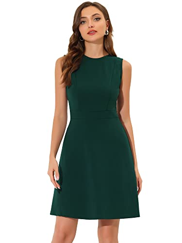 Allegra K Women's Work Dress Round Neck Solid Color Sleeveless A-Line Business Casual Office Dresses Medium Dark Green