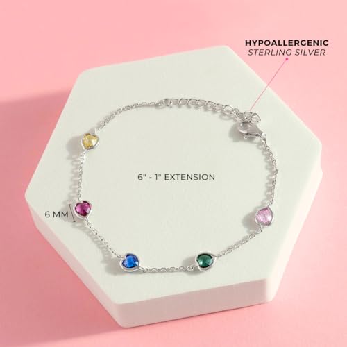 925 Sterling Silver Multicolored Bezel Heart Linked Bracelet For Little Girls - Children's Heart Themed Bracelets - Colorful Bezel Bracelet For Young Girls4