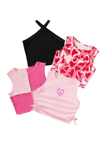 OYOANGLE Girl's 4 Pack Tank Tops Cute Heart Print Sleeveless Crop Top Ribbed Knit Summer Tops