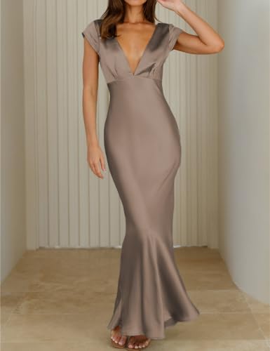 Image of Halfisland Womens Summer Satin V Neck Cap Sleeve Midi Dress Wedding Guest | 2026 Summer,Backless,Hollow Out,Long,Formal,Cocktail,Twist,Bridesmaid,Party,Baby Shower,Short Sleeve,Beach,Elegant,Evening
