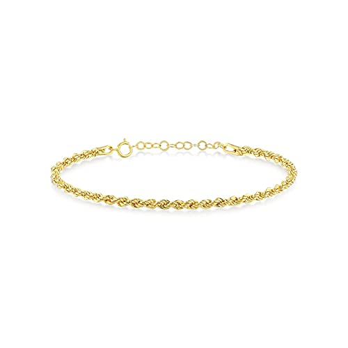 Gelin Rope Bracelet in 14K Solid Gold | Diamond-Cut Braided Rope Chain | 14k Gold Bracelet Stack for Women | 14k Real Gold Jewelry, 6-7 inch, Adjustable