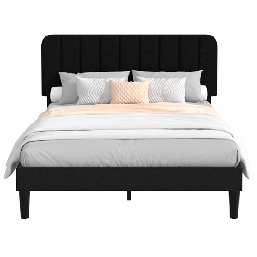 Image of VECELO Full Size Bed Frame with Upholstered Headboard, Velvet Platform Bedframe Mattress Foundation, Strong Wood Slat Support, No Box Spring Needed,Black