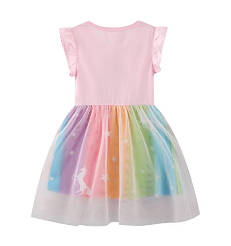 Girl Cotton Casual Tulle Dress Girl Summer Dress Sequins Cute Cartoon Pattern Dress Holiday Colorful Cotton Cute Rainbow Pony Princess Dress Knee Short Sleeves (67110 4T) #TOP4