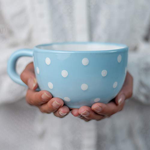 City to Cottage® Light Sky Blue and White | Polka Dot Spotty | Designer Handmade Hand Painted | Unique Ceramic Extra Large 17.5oz/500ml | Cappuccino Coffee Tea Soup Mugs Cups with Handle | Gift