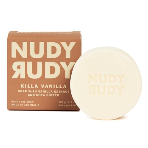 Nudy Rudy Killa Vanilla Soap Bar Puck Made with Organic Shea Butter and Real Vanilla Triple Milled Bar No Harsh Ingredients All Skin Types 4.2 oz Made in Australia