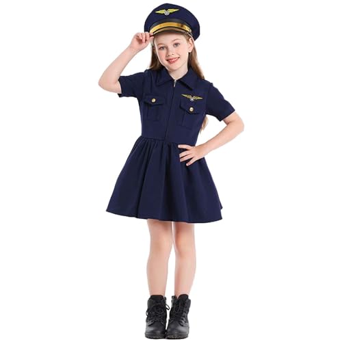 SUPTTING Disfraz de aviador para niña con gorro, vestido uniforme de alta calidad con cremallera e insignia, disfraz infantil azul marino para carnaval y juego de rol