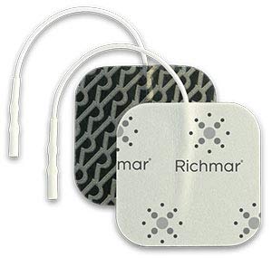 Two Richmar SuperStim square foam electrodes with lead wires, one showing the front with Richmar logo and the other showing the patterned adhesive back.