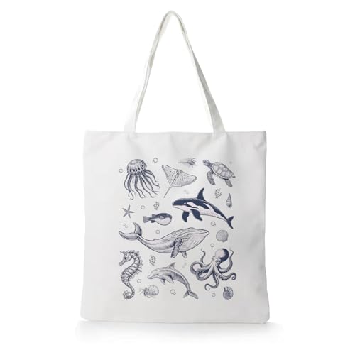 KAOWT Ocean Beach Tote Bag for Women, Nautical Beachy Canvas Tote Bag, Ocean Lover Gifts, Marine Biology Sea Animal Reusable Shopping Grocery Bags