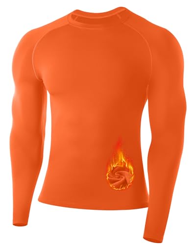 Runhit Men's Thermal Compression Shirt Fleece Lined Long Sleeve Thermal Shirts Athletic Base Layer Top Cold Weather Gear Orange M