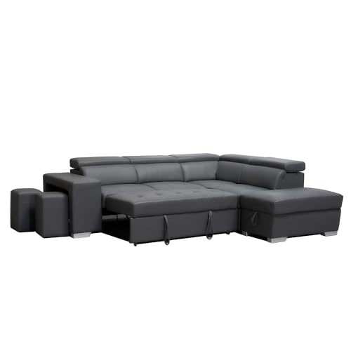 Grey Bonded Leather Settee - L Shape chase Left & Right Corner Sofa Bed -Living rooms Furniture With Storage And Stools & Ottoman (RIGHT HAND SIDE) - Image 5