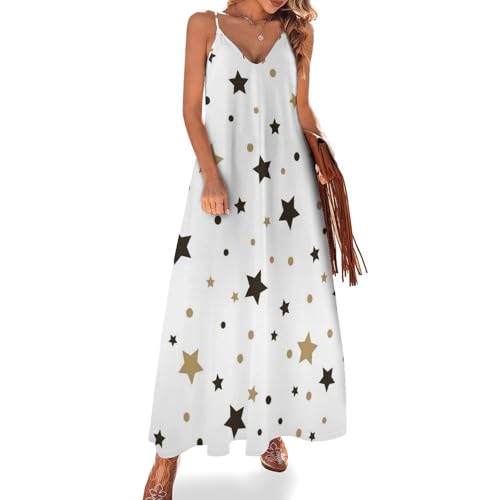 Robe Longue pour Femme Ete Imprimé Étoiles Dorées Noires pour la Plage