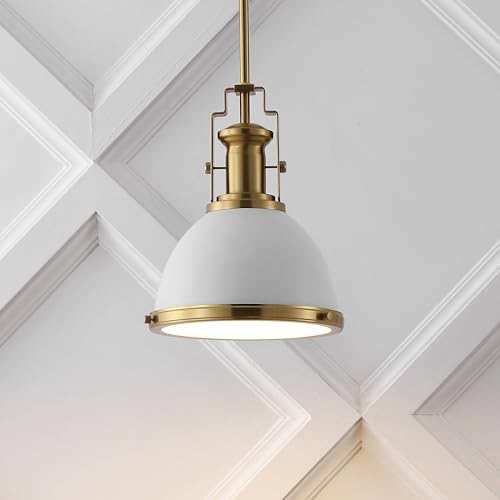 Image of JONATHAN Y Homer Industrial Dome Pendant 10 inch, White /Brass Gold | 1-Light, Farmhouse Style, Adjustable Hanging Height, Glass Diffuser, Sloped Ceiling Compatible, Metal, LED Bulb Included