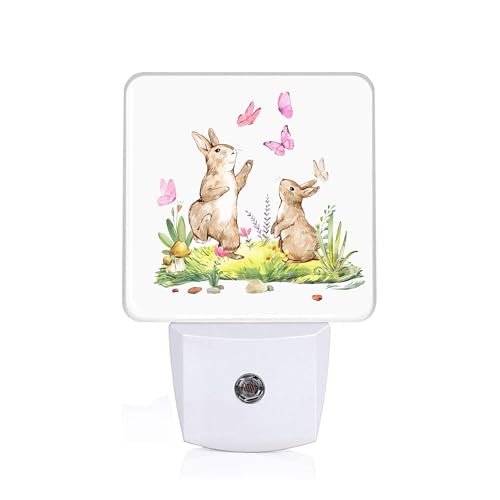 Image of Cute Rabbits Butterfly Night Light, Plug-into Wall Happy Easter Bunny Animals Nightlight Lamp with Dusk to Dawn Sensor, Led Lamp 0.5W Energy Efficient for Boys Girls Adults Home Decor