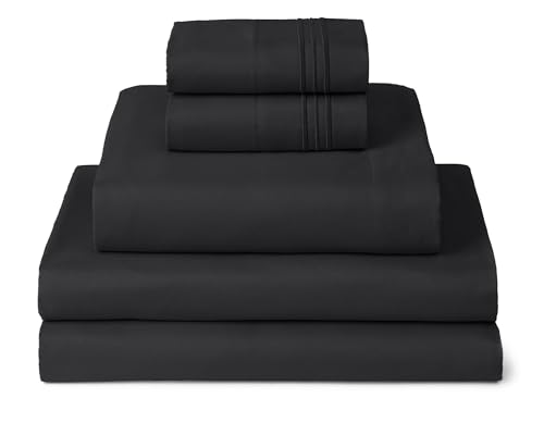 Image of Mellanni Split King Sheets Set - 5 PC Iconic Collection Bedding | Hotel Luxury, Extra Soft, Cooling Bed Sheets - Wrinkle, Fade, Stain Resistant (Split King, Black)