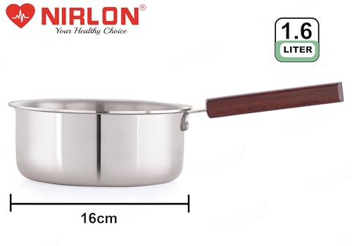 Image of NIRLON Woody Triply Wooden Handle Stainless Steel Cookware Sauce Pan 16cm-1.6Ltr|Safe to Use|Uniform Heating|Metal Spatula Friendly(Induction and Gas Stove Friendly)