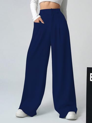 Image of Shasmi Women's Loose Mid Rise Solid, Pleated Trousers, Wide Leg Pocket Casual Long Korean Trousers Pant (146)