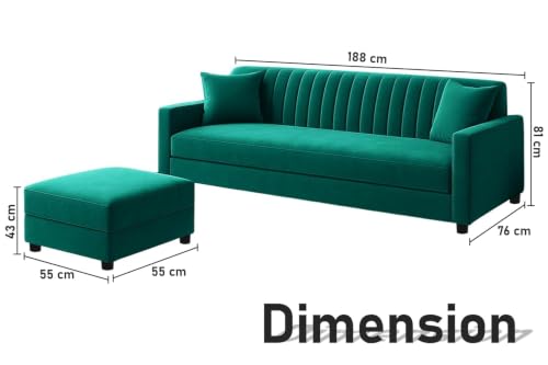 Image of Rosebell Sofa Set with Ottoman Combo- Three Seater Sofa Set with Matching Ottoman for Living Room & Bedroom-Green-Color