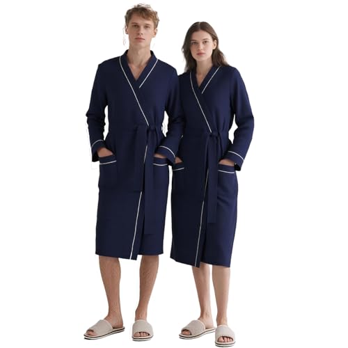 Cuffbow Cotton Robe for Women and Men Lightweight Waffle Knit Bathrobe Couple V Neck Spa Sleepwear