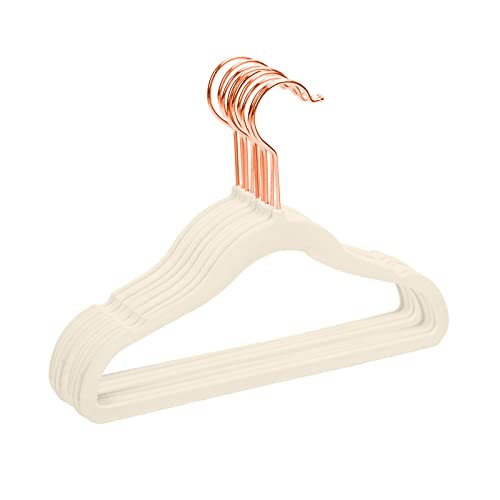 Image of MIZGI Premium Kids Velvet Hangers (Pack of 50) with Copper/Rose Gold Hooks,Space Saving Ultra Thin,Non Slip Baby Hangers for Children's Skirt Dress Pants,Clothes Hangers(Ivory)