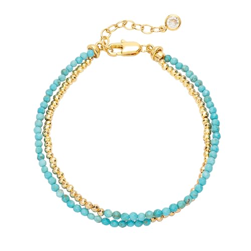 OSIANA Dual-Strand Gemstone Bracelet for Women, 14K Gold Plated Layered Natural Stone Beads Boho Handmade Summer Jewelry