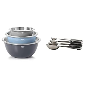 OXO Good Grips 3-Piece Stainless Steel Mixing Bowl Set – Blue/Gray, 4.7L & Good Grips 4 Piece Stainless Steel Measuring Spoons with Magnetic Snaps