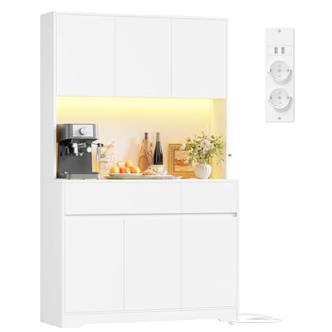 FirFurd Szafka kuchenna 180 cm wysokości, szafka kuchenna z diodami LED, gniazdko elektryczne, regulowane półki, 2 szuflady, 6 drzwi, duży blat, 180 x 100 x 38,5 cm, biała