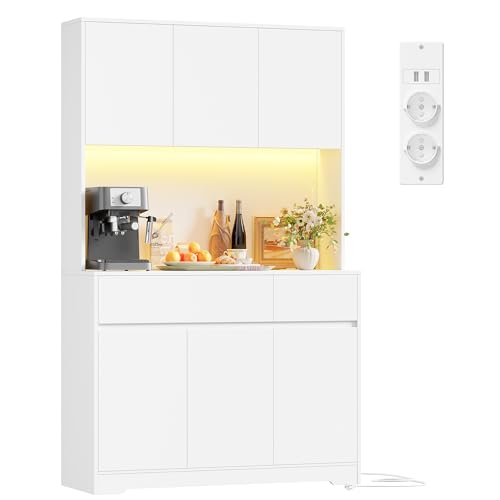 FirFurd Küchenschrank Buffetschrank mit LED und Steckdose Küchenschrank mit Arbeitsplatte Sideboard für Küche Wohnzimmer Esszimmer Küchenbuffet 180x100x38,5cm weiß