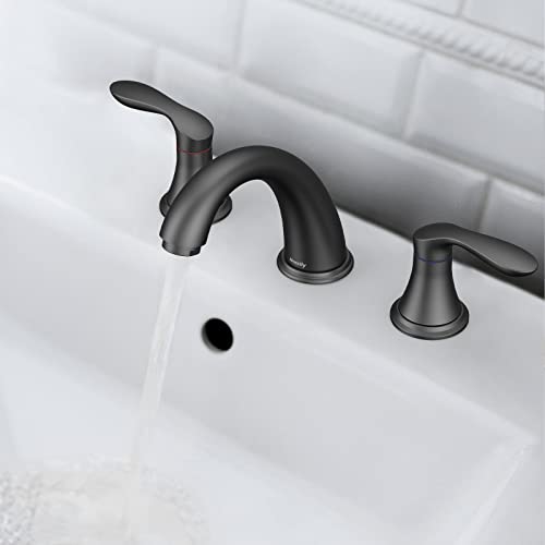 Bathroom Sink Faucet, Faucet for Bathroom Sink, Widespread Matte Black Bathroom Faucet 3 Hole with Stainless Steel Pop Up Drain and cUPC Lead-Free Hose - (Matte Black 2 Packs)