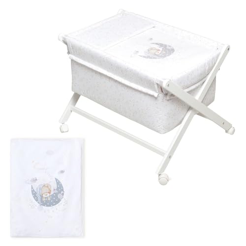 Interbaby - Minicuna Plegable Tijera modelo Bear Sleeping - Estructura de madera con Vestidura (Colcha y Almohada Desenfundable) con Colchón.