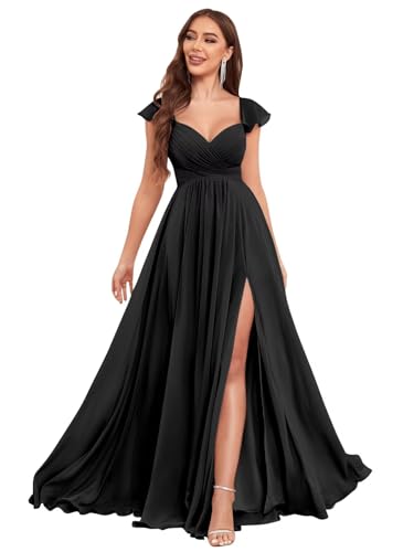 VCCICANY Black Bridesmaid Dresses for Women with Slit V Neck Pleated Chiffon Prom Dresses Formal Gowns