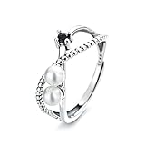 Banemi Middle Finger Ring, Silver Ring for Girls Infinite Pearl Zircon Adjustable Engraved Ring for Girlfriend Gifts