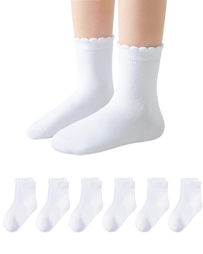4-10Y Girls Ruffle White Cotton School Uniform Socks Cute Crew Ankle Scallop Dress Socks for Kids 6 Pack