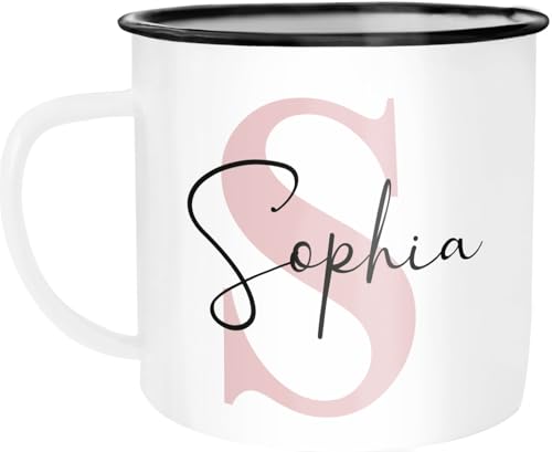 SpecialMe® Emaille-Tasse mit Namen Buchstabe Emaille-Becher Monogramm Initiale personalisierte Geschenke Namensaufdruck Weiss-schwarz Emailletasse