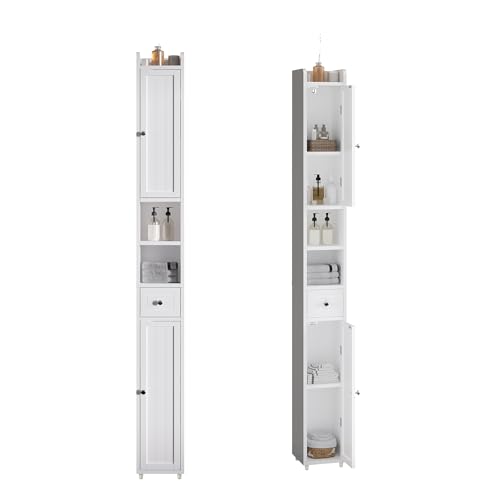 ELUREVIA Meuble Colonne Salle de Bain, Armoire Haute de Salle de Bain avec 2 Portes et 1 Tiroir, Étagères Réglables, pour Petits Espaces, Blanc