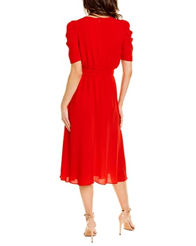 Image of London Times Women's Caterpillar Puff Sleeve Midi Dress - Gathered Waist A-Line Flowy Summer Dress