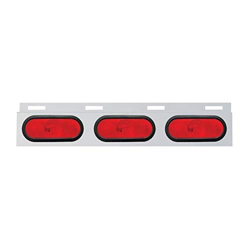 Image of UNITED PACIFIC 10659 Mud Flap Hanger, Mud Flap Plate, Top, Stainless, with 3 Oval Lights & Grommet, Red Lens