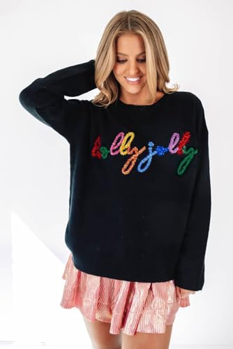 Image of LEMAFER Women 2026 Merry Christmas Round Neck Sequin Letters Sweater Casual Solid Slogan Long Sleeve Pullover Sweatshirt Tops