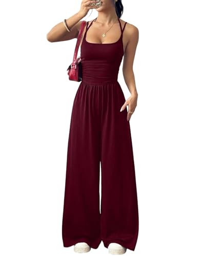 LIAMERHE Mono Largo Mujer Verano Elegante Sexy Cuello Halter Espalda Descubierta Pantalón de Pata Ancha Cintura Alta Casual Jumpsuit para Fiesta Boda Playa Overalls Moda Playsuit Burdeos L