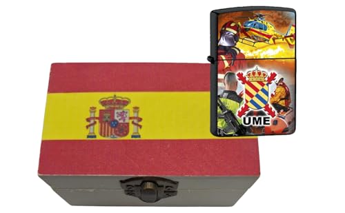 Accendino a benzina ricaricabile UME con scatola di legno bandiera Spagna - Accendino stile classico con design militare - Regalo originale per militari - Collezionismo ed emergenze (UME)